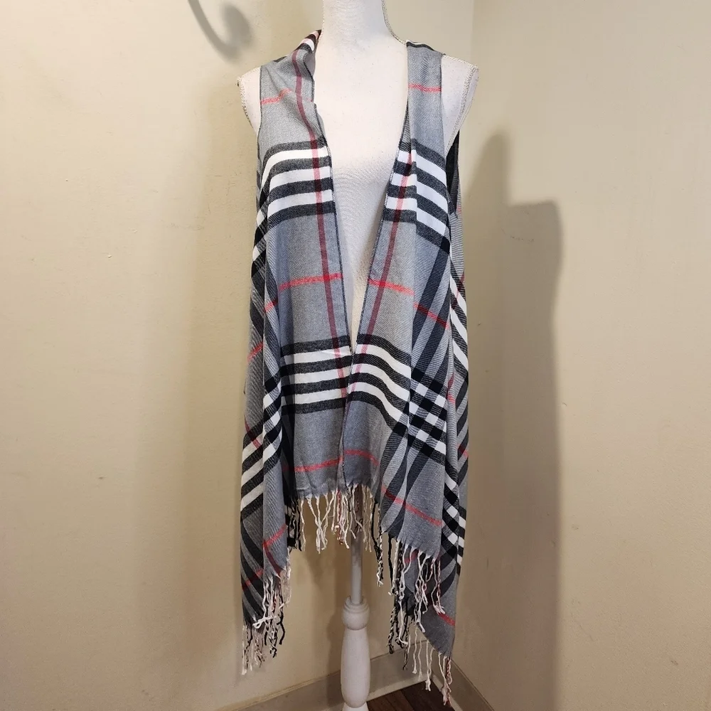 Plaid Fringe Litghweitgh Cashmere Blend Vest Or Scarf